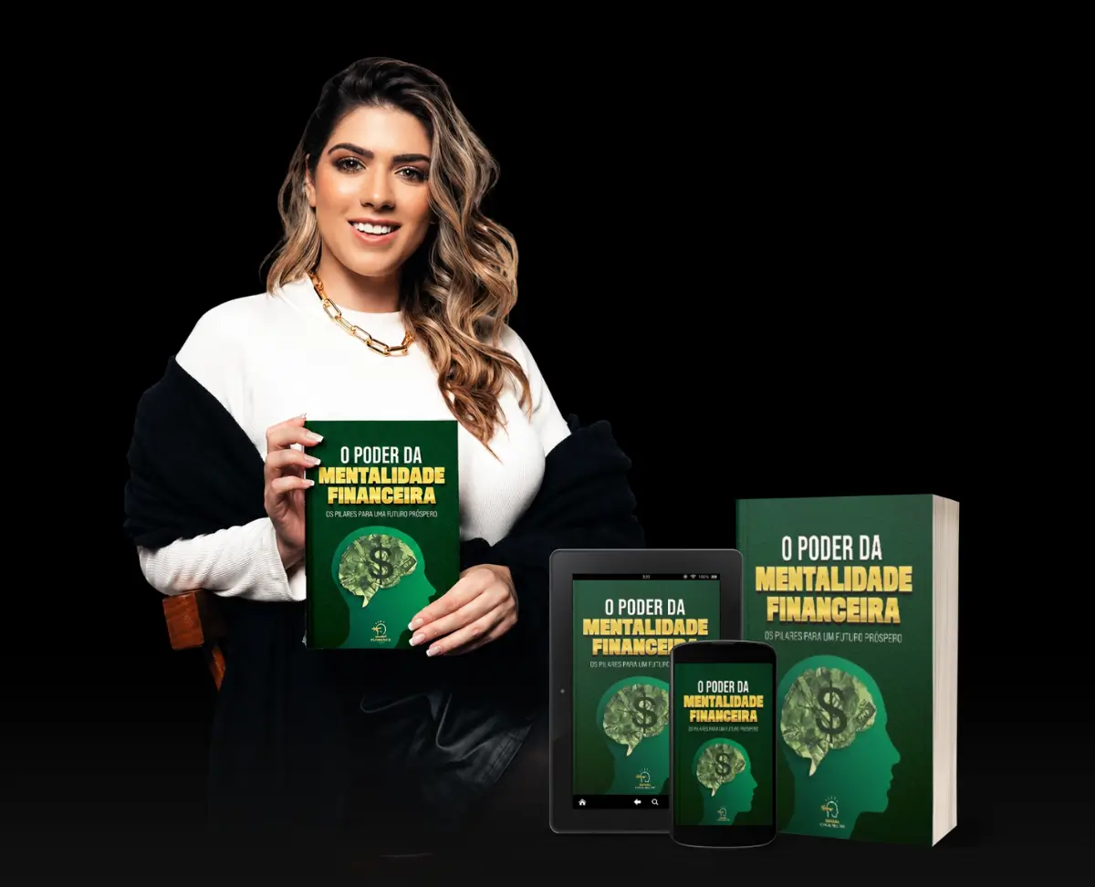 Nayara Jundi segurando o livro O Poder da Mentalidade Financeira com versões digitais em tablet e celular sobre fundo preto.