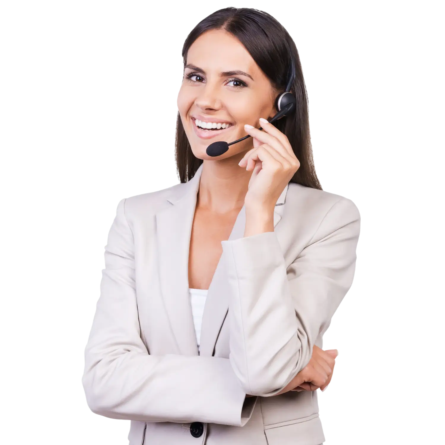 Atendente de call center sorrindo e ajustando o microfone do headset. Imagem isolada de uma mulher profissional em traje executivo claro, simbolizando prontidão para atendimento comercial.